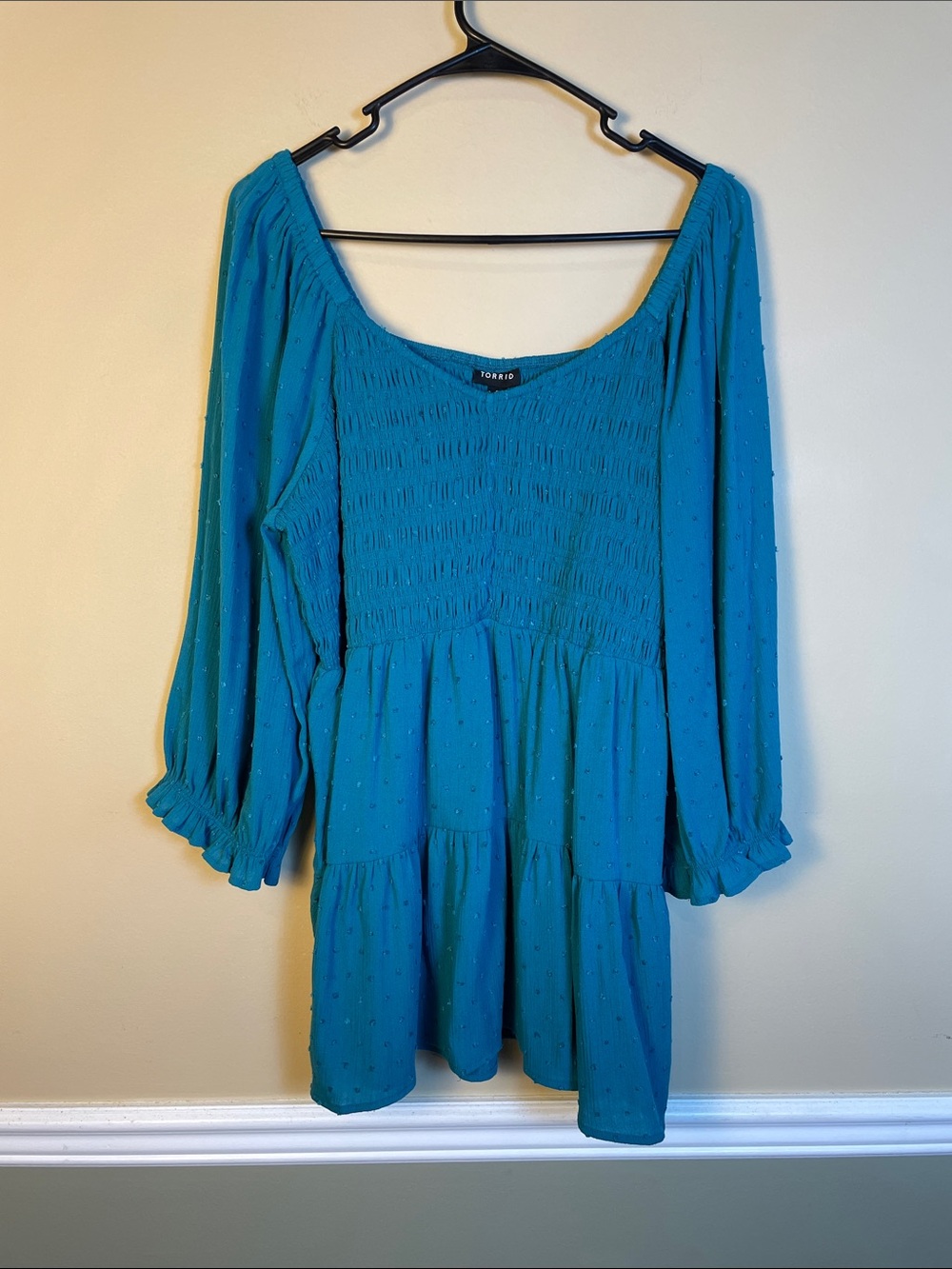 Torrid Women’s Boho Swiss Dot Teal Blue Smocked Long Sleeve Tunic Blouse 2 / 2X